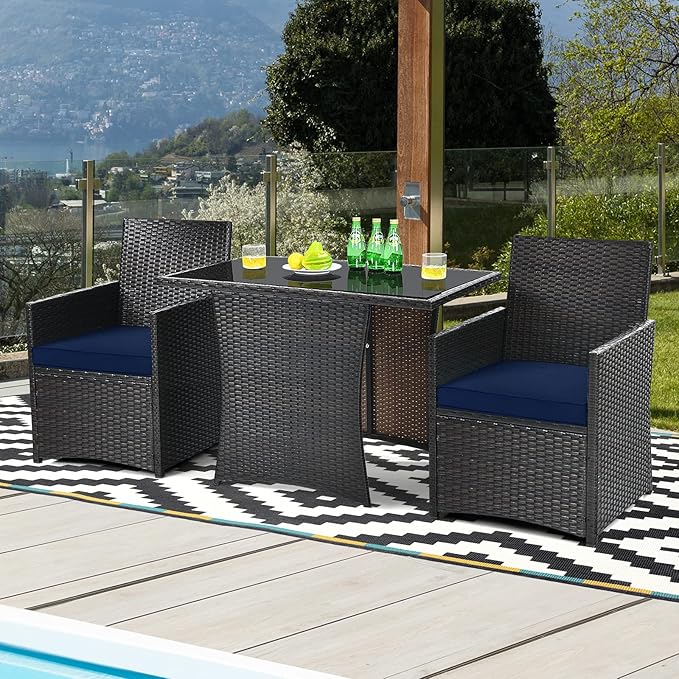 Tangkula 3 Pieces Patio Dining Set, Space-Saving PE Rattan Bistro Set with Tempered Glass Top Table and Cushioned Chairs, Outdoor Conversation Set for Garden Backyard Poolside Porch (Blue)