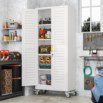 GAIOUS 71”H Metal Garage Storage Cabinet with Lock and Wheels, Metal Storage Cabinets with Louvered Door and 4 Adjustable Shelves, Rolling Tool Cabinet, Utility File Cabinet for Home Office, White