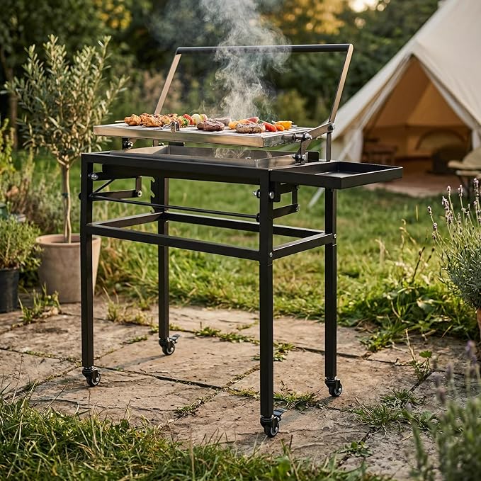 Portable Charcoal Flip Grill, 360° Rotating Outdoor BBQ Grill, Steel Flipping Barbecue Grills, Cooking Grill with Removable Tray Suit for 8 People Camping Picnic Yard Party