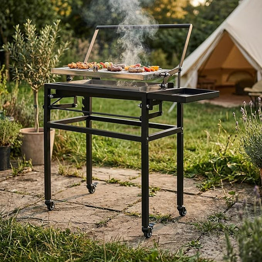 Portable Charcoal Flip Grill, 360° Rotating Outdoor BBQ Grill, Steel Flipping Barbecue Grills, Cooking Grill with Removable Tray Suit for 8 People Camping Picnic Yard Party