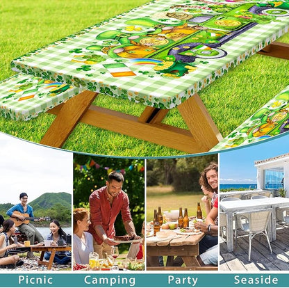 St. Patrick's Day Picnic Table Cover with Bench Covers, Camping Essentials, Plaid Truck Gnomes Clover Outdoor Table Covers, Waterproof, Fitted Tablecloth Cover with Elastic Edge, 3 PCS, 30x72 Inch