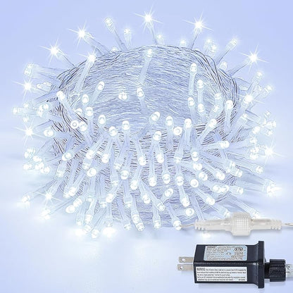 33FT 100 LED Cool White Christmas Fairy Twinkle String Lights Indoor | 8 Modes with Memory, Connectable, IP65 Waterproof, Transparent Wire, Up to 5 Sets, Widely use for Classroom, Bedroom, dorm