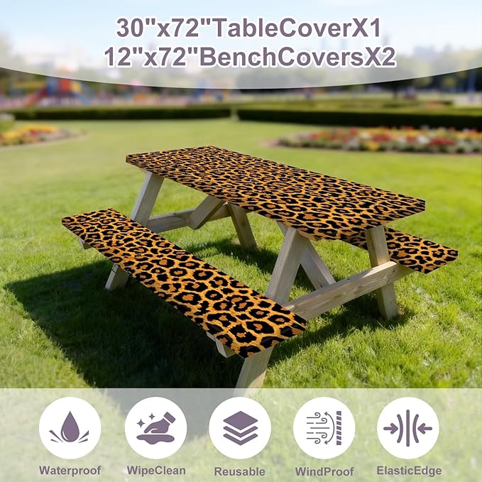 Leopard Print Picnic Table Cover with Bench Covers Set, Waterproof Elastic Fitted Tablecloth for Outdoor Picnic Tables, Durable Vinyl Animal Print Table Cover for Camping, BBQs, and Patio Parties