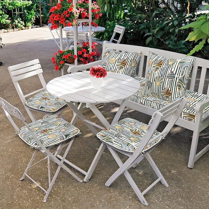 DYTXIII Set of 4 Outdoor Chair Cushions with Ties,Water Repellent Patio Chair Pads 17"x 16" for Outdoor Furniture,Round Corner Seat Cushions for Garden Yard Kitchen Crayon Shells