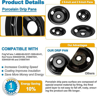 Porcelain Drip Pans & MP22YA Burner Element Set & 330031 Receptacle Kit Compatible with Frigi-daire Cro-sley Tap-pan Ken-more, Include 2 6" & 2 8" Black Drip Pans and Stove Burner, 4 Receptacle kit