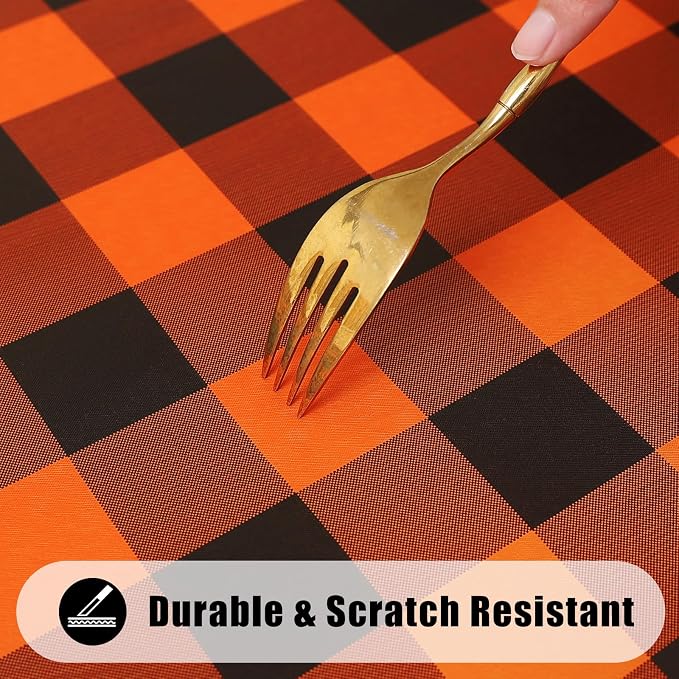 Smiry Rectangle Picnic Table Cloth, Elastic Waterproof Fitted Vinyl Tablecloths, Flannel Backed Buffalo Plaid Table Covers for Dining, Camping, Outdoor (Black and Orange, 30" x 48")