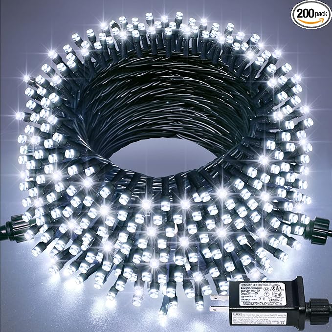 JMEXSUSS 200 LED White Christmas Lights Outdoor, 66ft String Lights Plug in | Connectable, 8 Modes, Waterproof, Indoor Outdoor Use, Green Wire Christmas Lights for Tree Wedding Party Bedroom Xmas Decor
