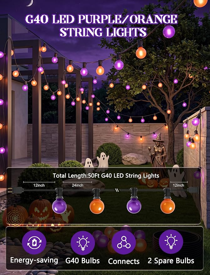 50FT G40 Halloween Orange and Purple Globe String Lights Outdoor Waterproof | Hanging Patio Light with 27 LED G40 Globe Bulbs, Plug in Outdoor Halloween Decorations Lights for Party Porch Garden Backyard