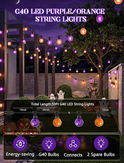 50FT G40 Halloween Orange and Purple Globe String Lights Outdoor Waterproof | Hanging Patio Light with 27 LED G40 Globe Bulbs, Plug in Outdoor Halloween Decorations Lights for Party Porch Garden Backyard
