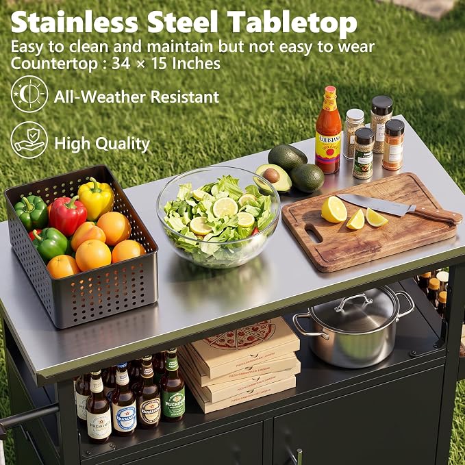 KEIKI Outdoor Grill Cart with Stainless Steel Top, Storage Cabinet & Wheel