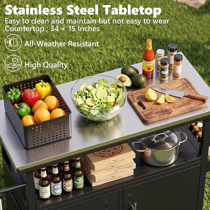 KEIKI Outdoor Grill Cart with Stainless Steel Top, Storage Cabinet & Wheel