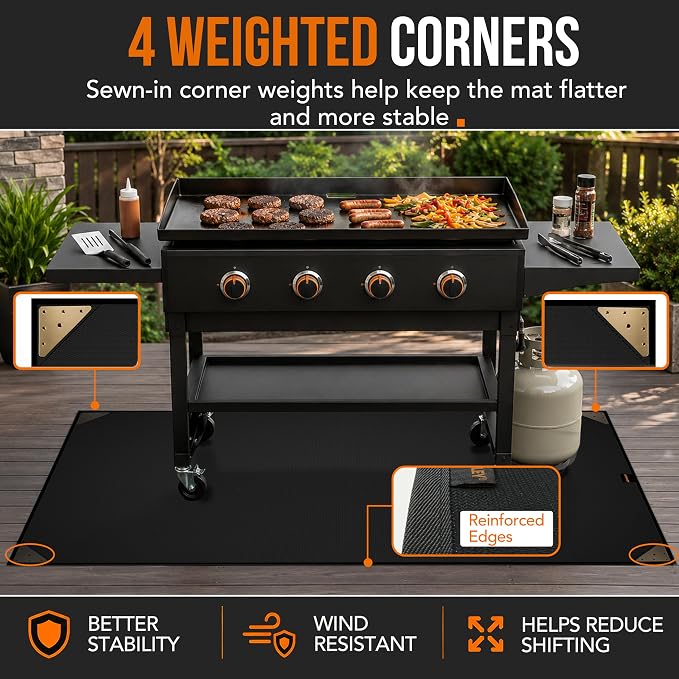 75 x 40 in Under Grill Mat for Outdoor Grill, 4 Weighted Corners | Wind-resistant, no-curl grill mat with bound edges; waterproof, oil-proof, fireproof to 2000°F for Blackstone, decks & patios