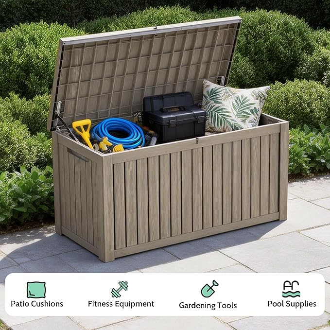 PatioZen 200 Gallon Deck Box, Outdoor Storage Box, Outdoor Storage Box for Cushions, Garden Tools, Furniture Storage,Waterproof, Lockable and Resin,Grey