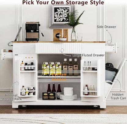 Ball & Cast Fluted Kitchen Island with Trash Can Storage Cabinet,Power Outlet,Internal Storage Rack,Rolling Kitchen Islands On 5 Wheels W/ 3 Drawer & 3 Open Side Racks for 10 Gallon Garbage Bin,White