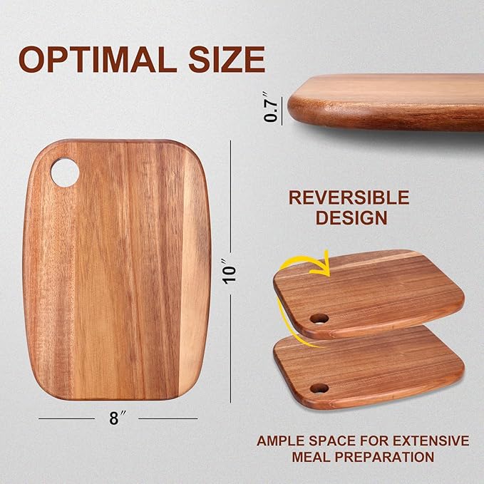 Small Acacia Wood Cutting Boards for Kitchen with Hanging – Medium Wooden Cutting Board for Vegetables, Fruit, Bread, Meat, Cheese, Charcuterie - BPA Free, 10" x 8"