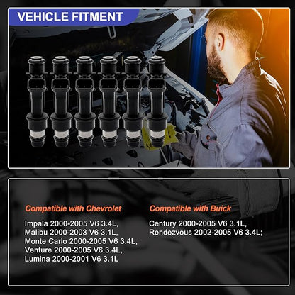 HiSport 25323971 Fuel Injectors Compatible with Buick Chevrolet Delphi Pontiac Malibu Impala Monte Carlo Venture Lumina Century Rendezvous Aztek 2000-2005 3.1L 3.4L 6PCS