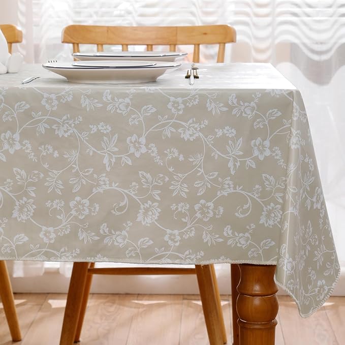 Heavy Duty Vinyl Tablecloth with Flannel Backing Waterproof Oil-Proof Plastic Table Cloth Stain-Resistant Wipeable Rectangle or Square Table Cover for Indoor and Outdoor (Beige Floral，60x102 Inch)