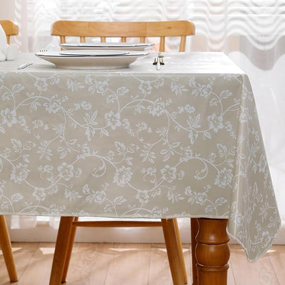 Heavy Duty Vinyl Tablecloth with Flannel Backing Waterproof Oil-Proof Plastic Table Cloth Stain-Resistant Wipeable Rectangle or Square Table Cover for Indoor and Outdoor (Beige Floral，60x102 Inch)