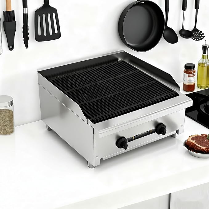 24" Commercial Propane Grill – 56,000 BTU 2-Burner Countertop Gas Grill with Cast Iron Grates & Lava Rocks, Convertible Between Propane & Natural Gas.Gas Charbroiler for Home & Commercial Kitchen.