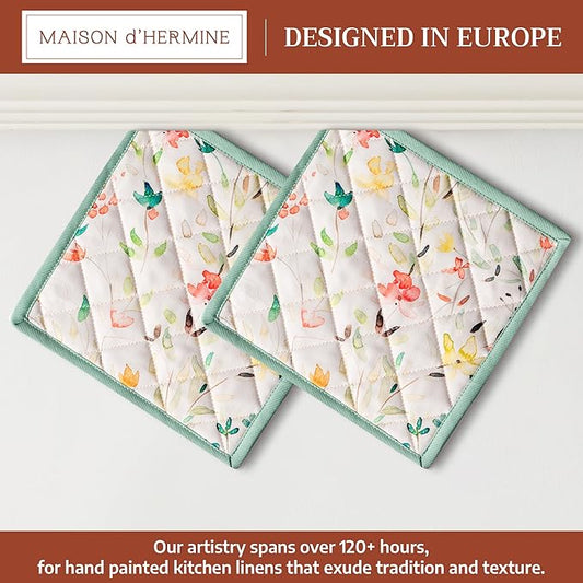 Maison d' Hermine Pot Holders 100% Cotton Heat Resistant Potholders 8" x 8" Hot Pads with Loop BBQ Cooking Baking Hotel Farmhouse Kitchen Handling Hot Pans Spring Summer (Pack of 2, Colmar)