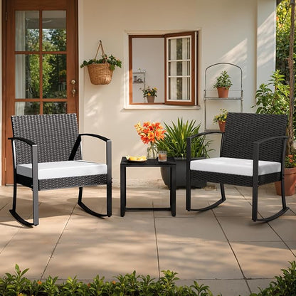 Greesum 3 Pieces Outdoor Furniture Set Patio Bistro Rocking Chairs with Glass Coffee Table for Pool Beach Backyard Balcony Porch Deck Garden, White