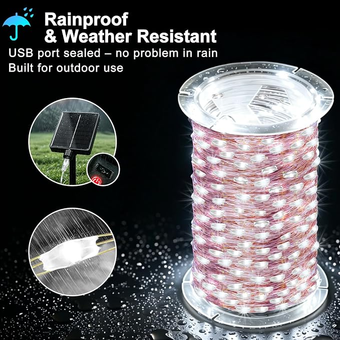 KNONEW 203FT 600LED Solar Fairy String Lights Outdoor Cool White 8 Modes | 8 Modes IP44 Waterproof Copper Wire Extra Long for Garden Patio Yard Christmas Wedding Party Indoor Outdoor