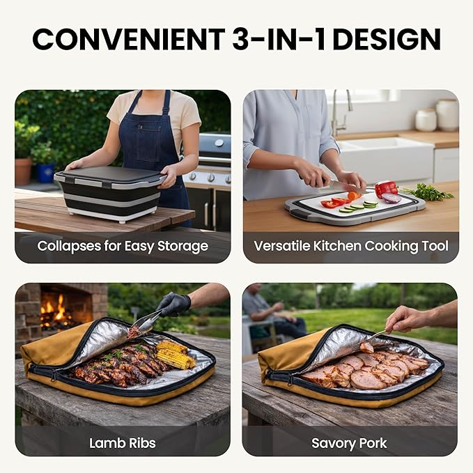 BBQ Prep Tub with BBQ Blanket, 16L Multifunctional Camping Cutting Board with lid, Collapsible Dish Basin for Meal Prep Marinating Food, Grilling & Outdoor Cooking Food Storage Container XL