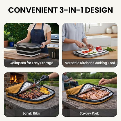 BBQ Prep Tub with BBQ Blanket, 16L Multifunctional Camping Cutting Board with lid, Collapsible Dish Basin for Meal Prep Marinating Food, Grilling & Outdoor Cooking Food Storage Container XL