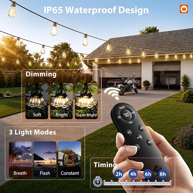 addlon 102FT(96+6) Solar String Lights Outdoor, with 52 Dimmable LED Bulbs | Waterproof, Shatterproof, Spaced 2FT, USB Charging, Remote, Last 20+ Hrs, Easy Install for Garden Backyard Pergola Party