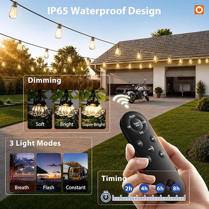 addlon 54FT(48FT+6) Solar String Lights Outdoor, Waterproof, Last 20+ Hrs | 16 Shatterproof LED Bulbs, USB Charging, Dimmable, Timer Remote, Easy Install for Garden, Backyard, Pergola and Party