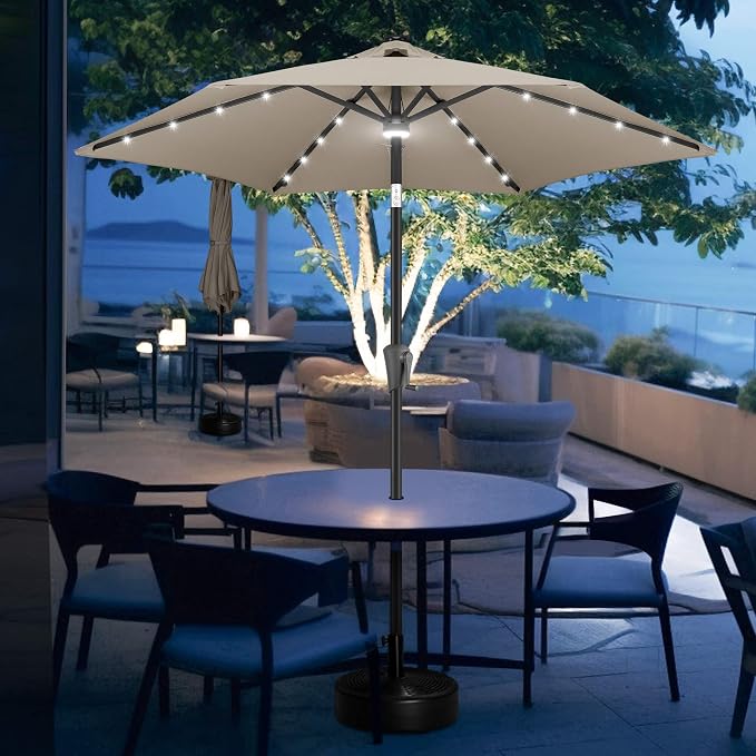FLAME&SHADE Solar Patio Umbrella with Centre Light, 7.5 FT Taupe | UV Protection, Small Solar Outdoor Umbrella for Porch, Deck, Backyard, Garden, Provides Evening Lighting, 24 LED Lights