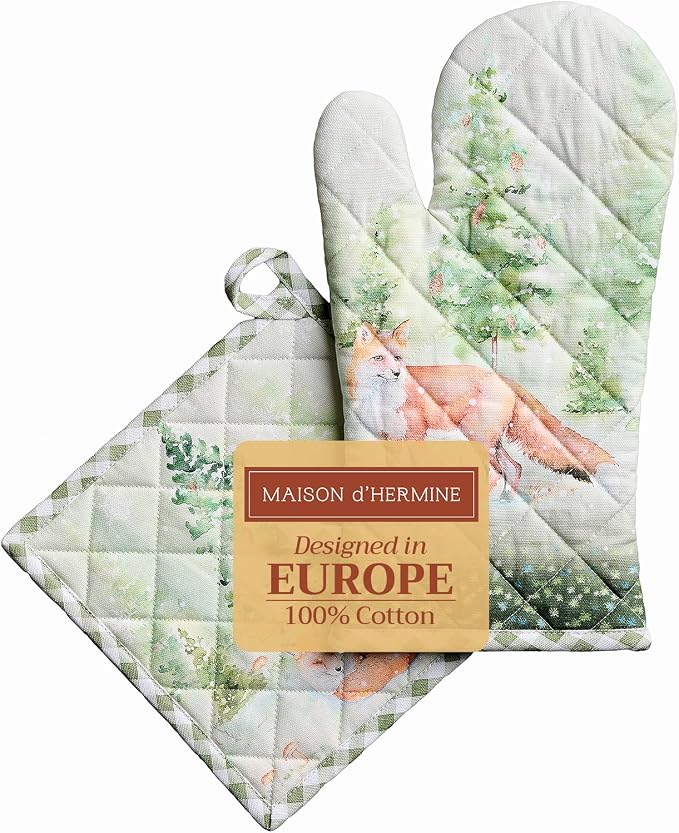 Maison d' Hermine 100% Cotton Oven Mitt & Pot Holder Set (7.5"x13" & 8"x8") | Heat Resistant BBQ Cooking Gloves with Loop Baking Grilling Kitchen Home Farmhouse Thanksgiving Christmas - Winter Mornings