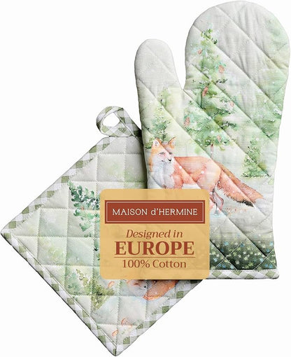 Maison d' Hermine 100% Cotton Oven Mitt & Pot Holder Set (7.5"x13" & 8"x8") | Heat Resistant BBQ Cooking Gloves with Loop Baking Grilling Kitchen Home Farmhouse Thanksgiving Christmas - Winter Mornings