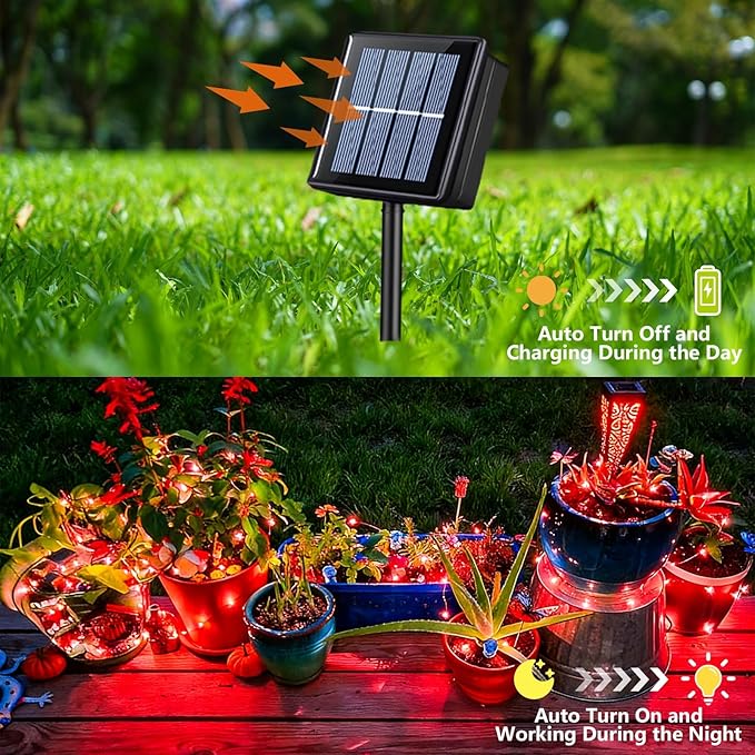 YEGUO 4 Pack Red Solar Fairy Lights, Each 33ft 100 LED Valentines Lights Outdoor Waterproof, 8 Modes Sliver Wire Solar Christmas String Lights