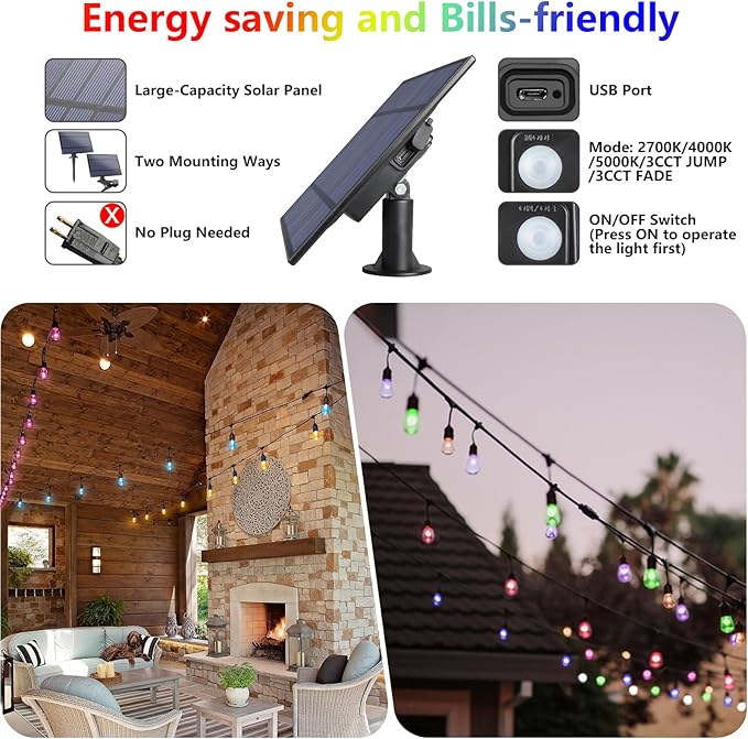 48FT Solar Outdoor RGB String Lights Waterproof Shatterproof | 15+3 Dimmable LED Bulbs with Remote Commercial Patio Light for Cafe, Yard, Party
