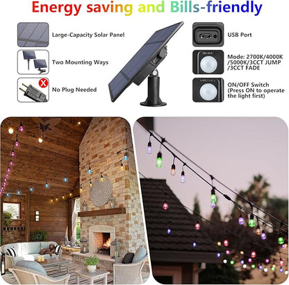 48FT Solar Outdoor RGB String Lights Waterproof Shatterproof | 15+3 Dimmable LED Bulbs with Remote Commercial Patio Light for Cafe, Yard, Party