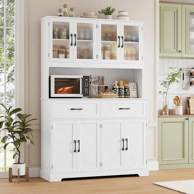 BOTLOG 71" Large Pantry Storage Cabinet with Microwave Stand | Tall Hutch Cabinet with Glass Doors 8 Storage Compartments for Dining Room, Modern White