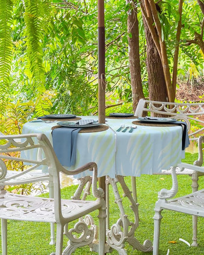 QueenKer Outdoor Tablecloth with Umbrella Hole, Abstract Leaves Lines Geometric Natural Patterns Ombre Green Round Tables Waterproof Tabletop Collection for Patio, Garden, Picnic, Camping, Dining 54R