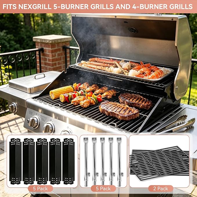 Replacement Parts Kit for Nexgrill 720-0888 720-0888N 720-0888A 720-0830H Gas Grill, Cast Iron Cooking Grates, Burners Heat Plates & Igniters for Nexgrill 4 & 5 Burner Grill Replacement Parts