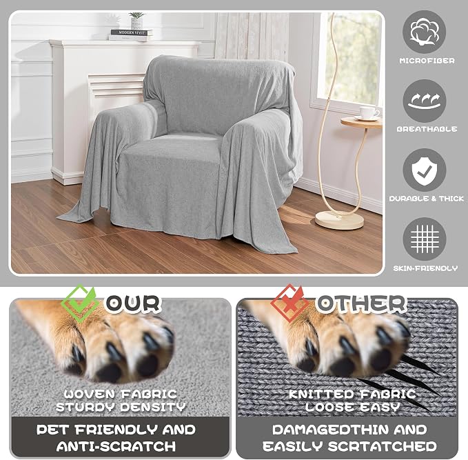 MYSKY HOME Armchair Couch Cover for Sofa, Couch Covers for Dogs Washable Blanket Modern Sofa Slipcovers, Super Soft Sofa Cover for Reclining Couch, 71" x 91", Light Grey