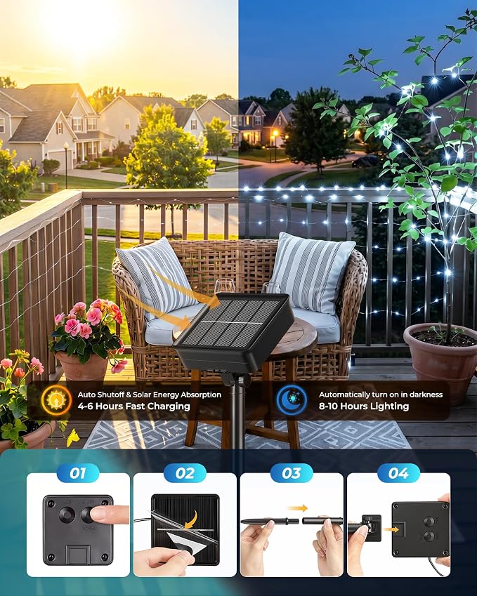 Minetom Solar Fairy Lights,33Ft 100 LED String Lights Outdoor Pure White | IP65 Waterproof Twinkle Lights with 8 Modes Outdoor & Indoor, Patio Lights for Tree Garden Party Wedding Christmas Decor