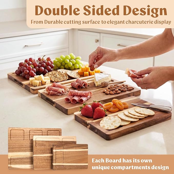Acacia Wood Cutting Boards for Kitchen Set of 3, Double sided | Non Toxic Wooden Chopping Boards: Cut on One Side, Serve on the Other, large kitchen boards for charcuterie
