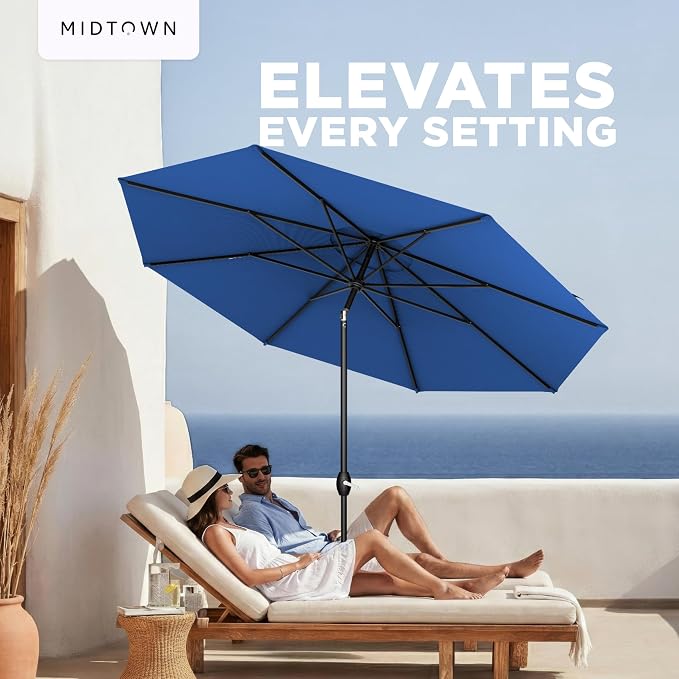 Midtown Umbrellas – The Lean 10 Ft Patio Umbrella with 10-Year-No-Fade Acrylast Acrylic Fabric, Auto-Tilt and 8 Reinforced Ribs for Deck, Pool, Garden, Hotel & Cafes – Deep Atlantic Canopy, Black Pole