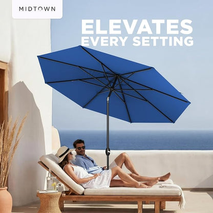 Midtown Umbrellas – The Lean 10 Ft Patio Umbrella with 10-Year-No-Fade Acrylast Acrylic Fabric, Auto-Tilt and 8 Reinforced Ribs for Deck, Pool, Garden, Hotel & Cafes – Deep Atlantic Canopy, Black Pole