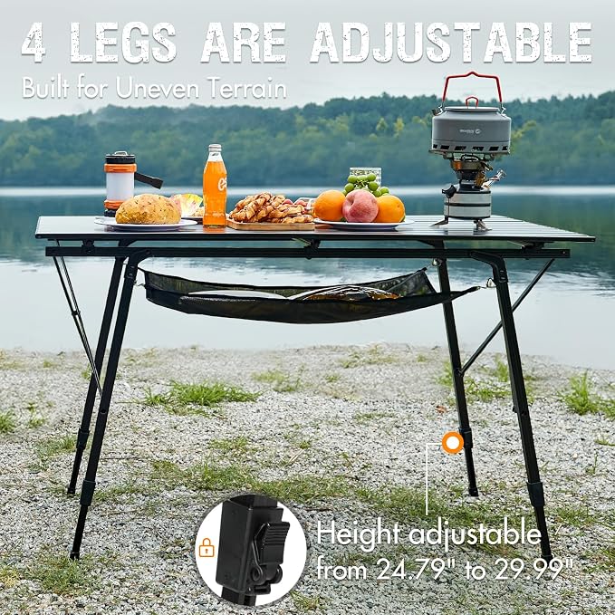 Portal Camping Table Portable Foldable with Adjustable Legs, Aluminum Folding Table Roll Up Table with Carrying Bag for Outdoor, Beach, Picnic, Backyards, BBQ and Party, Black, Big