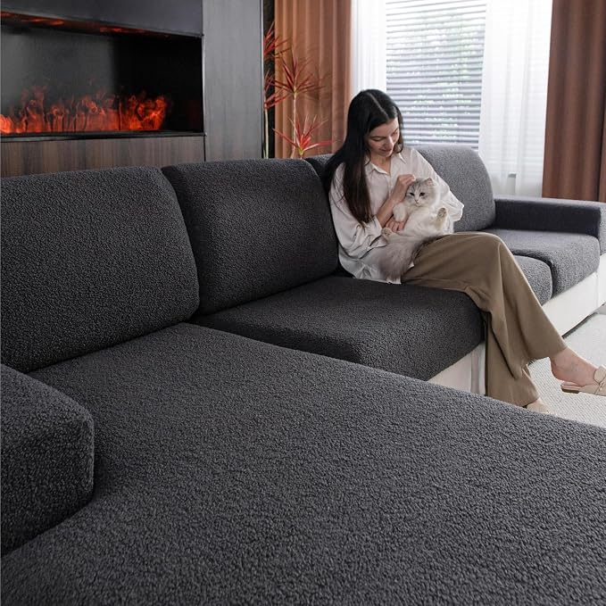 OHSIO Couch Cushion Covers for Sectional Sofa, Stretch Soft Sofa Slipcovers Washable Wear-Resistant Universal Furniture Protector for Living Room(1 Piece Oversized Cover, Dark Gray)