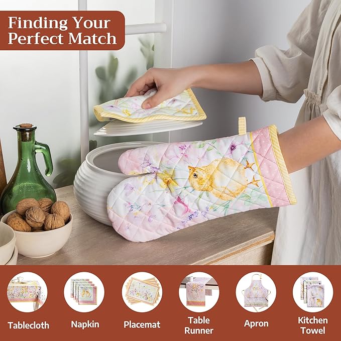 Maison d'Hermine Oven Gloves 100% Cotton Oven Mitt 7" x 13" with Loop Heat Resistant BBQ Cooking Gloves Baking Grilling Kitchen Hotel Home Farmhouse Spring Summer (Pack of 1, Easter Zest)