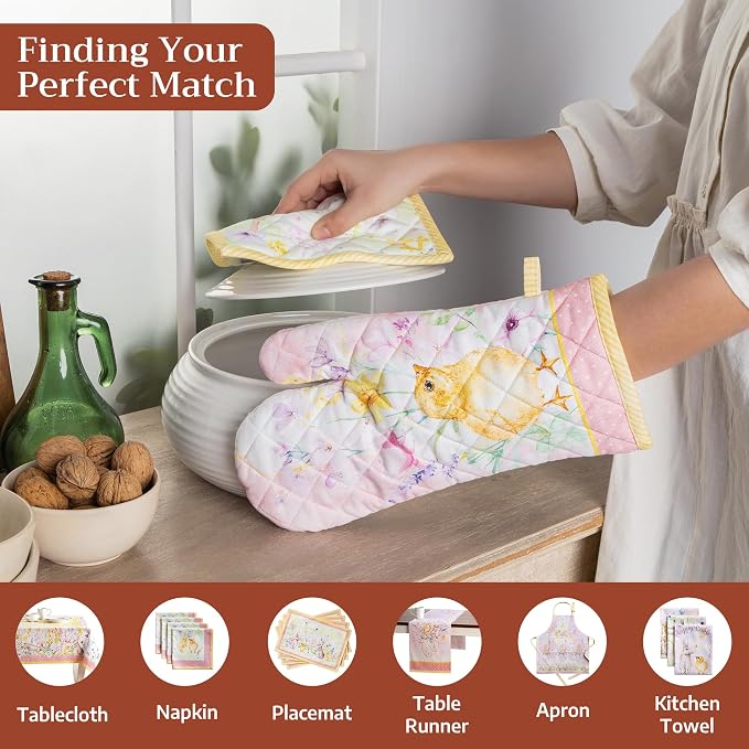 Maison d' Hermine 100% Cotton Oven Mitt & Pot Holder Set (7.5"x13" & 8"x8") | Heat Resistant BBQ Cooking Gloves with Loop Baking Grilling Kitchen Hotel Home Farmhouse Spring Summer - Easter Zest