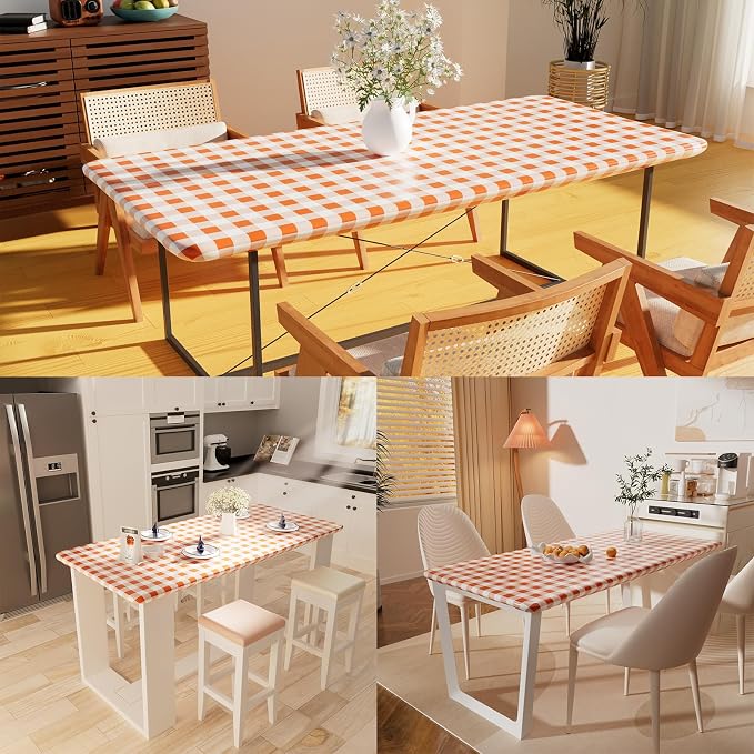 Smiry Rectangle Picnic Table Cloth, Elastic Waterproof Fitted Vinyl Tablecloths, Flannel Backed Buffalo Plaid Table Covers for Dining, Camping, Outdoor, Thanksgiving (White and Orange, 30" x 72")