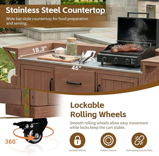 60.2-inch Mobile Outdoor Kitchen Island, Wooden BBQ Table with Stainless Steel countertop, Mobile BBQ Trolley with Storage Cabinet, 2 Storage compartments, Wine Rack and Spice Rack